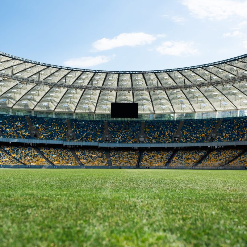 grassy football pitch at stadium at sunny day with blue sky