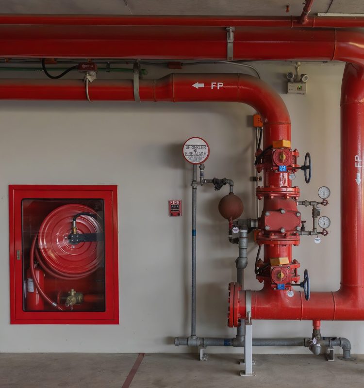 Room Fire suppression system installation with a alarm check valve. Fire suppression system and fire equipment Room.