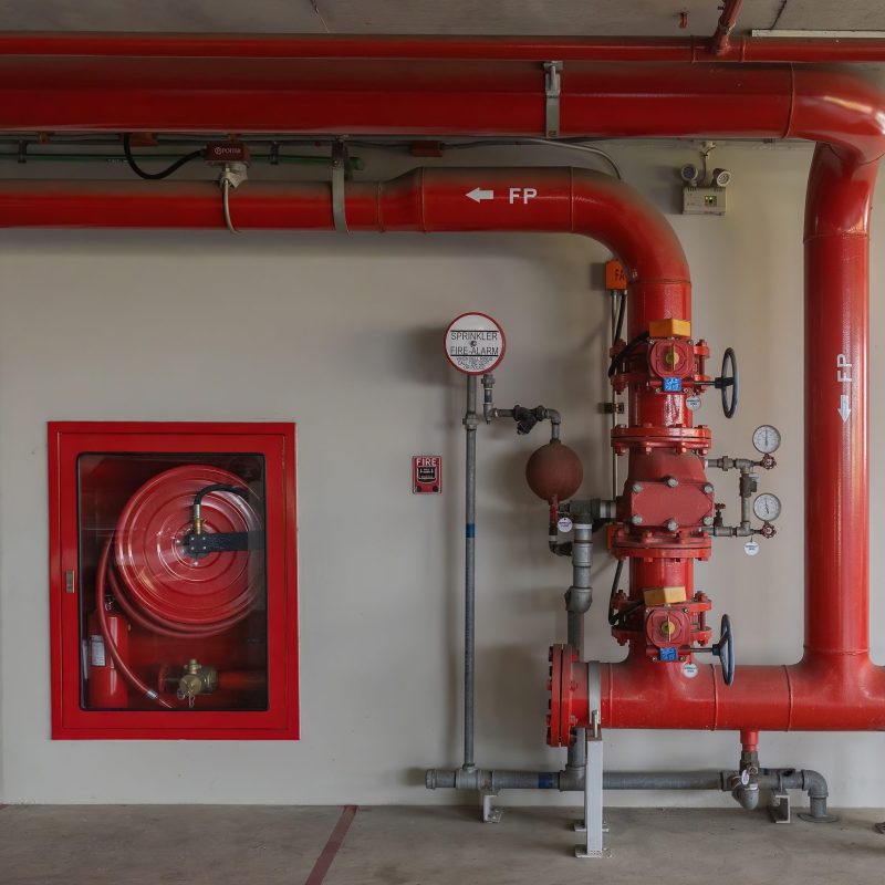 Room Fire suppression system installation with a alarm check valve. Fire suppression system and fire equipment Room.